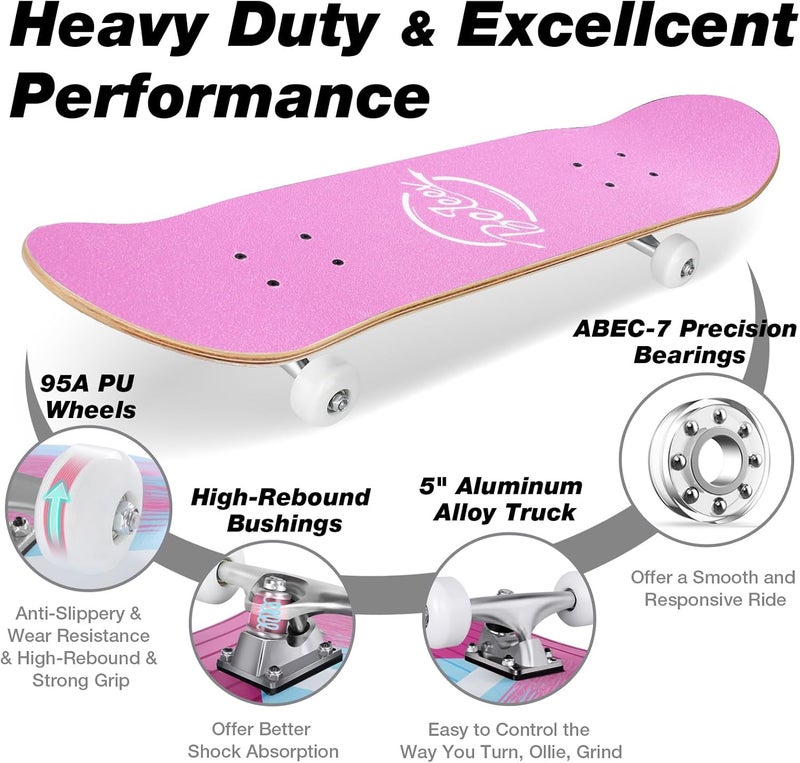 BELEEV Skateboards for Beginners, 31 x 8 inch Complete Skateboard for Kids Teens Adults, 7 Layer Canadian Maple Double Kick Deck Concave Cruiser Trick Skateboard with Multifunction Skate T-Tool - Image 4
